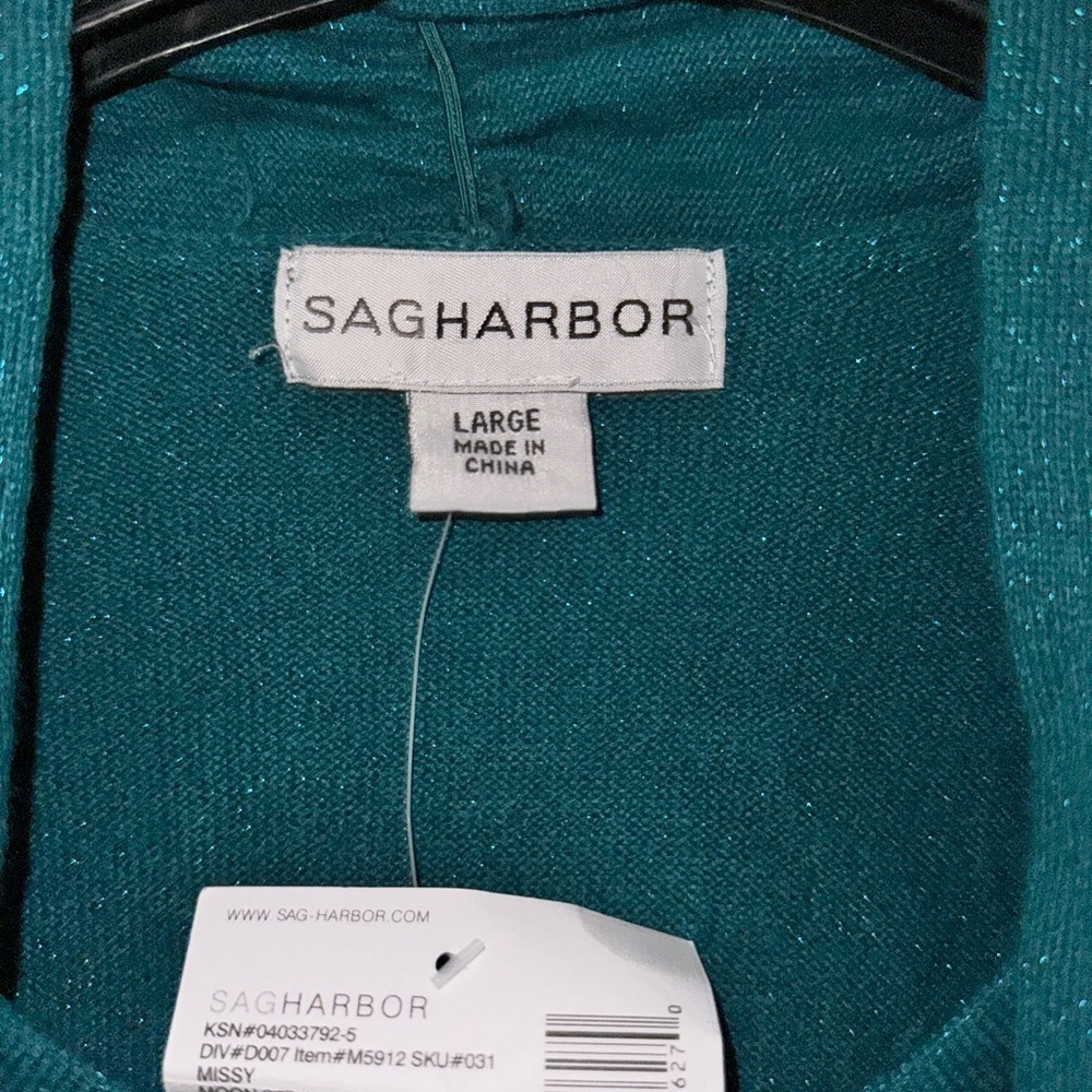 Sag Harbor Women's L Aquamar Teal Metallic Cardigan Top Rhinestone Accent NWT - Picture 3 of 16